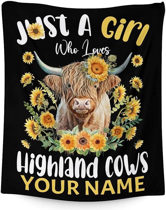 Personalized Highland Cow Blanket Gifts with Name - 50x60 Inches Cute Throw Blanket for Girls - Black Soft Fuzzy Blankets for Bed, Couch & Living Room