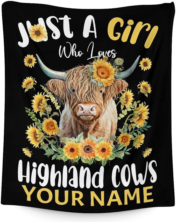 Personalized Highland Cow Blanket Gifts with Name - 50x60 Inches Cute Throw Blanket for Girls - Black Soft Fuzzy Blankets for Bed, Couch & Living Room