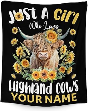 Personalized Highland Cow Blanket Gifts with Name - 50x60 Inches Cute Throw Blanket for Girls - Black Soft Fuzzy Blankets for Bed, Couch & Living Room