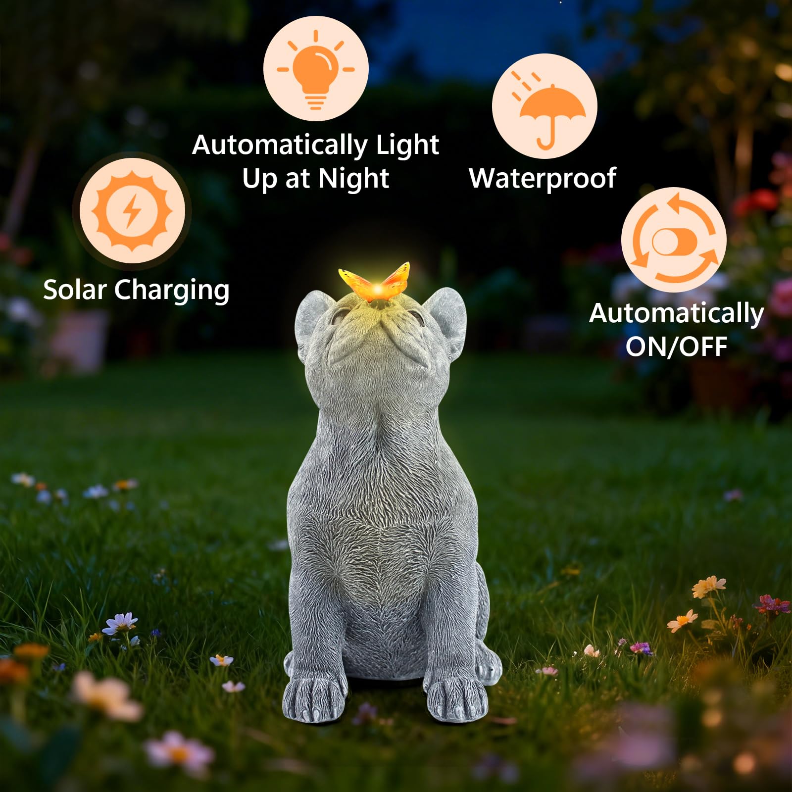 Statua a forma di cane con farfalla solare, simpatica statua da giardino a forma di bulldog francese, decorazione per esterni per cortile, prato, veranda, giardino in resina, decorazione per la