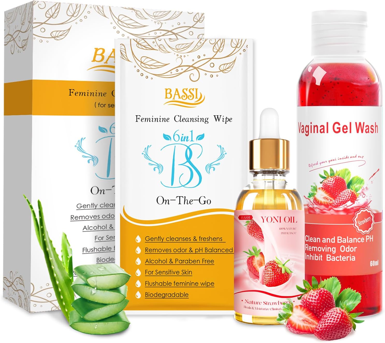 Feminine Wash & Feminine Hygiene Wipes & Yoni Oil, 20 Counts Flushable Individually Wrapped Cleansing, Ph Balance Remove Odor Moisturizing,1 Fl.Oz Feminine Oil & 5.07 Fl.Oz Yoni Wash