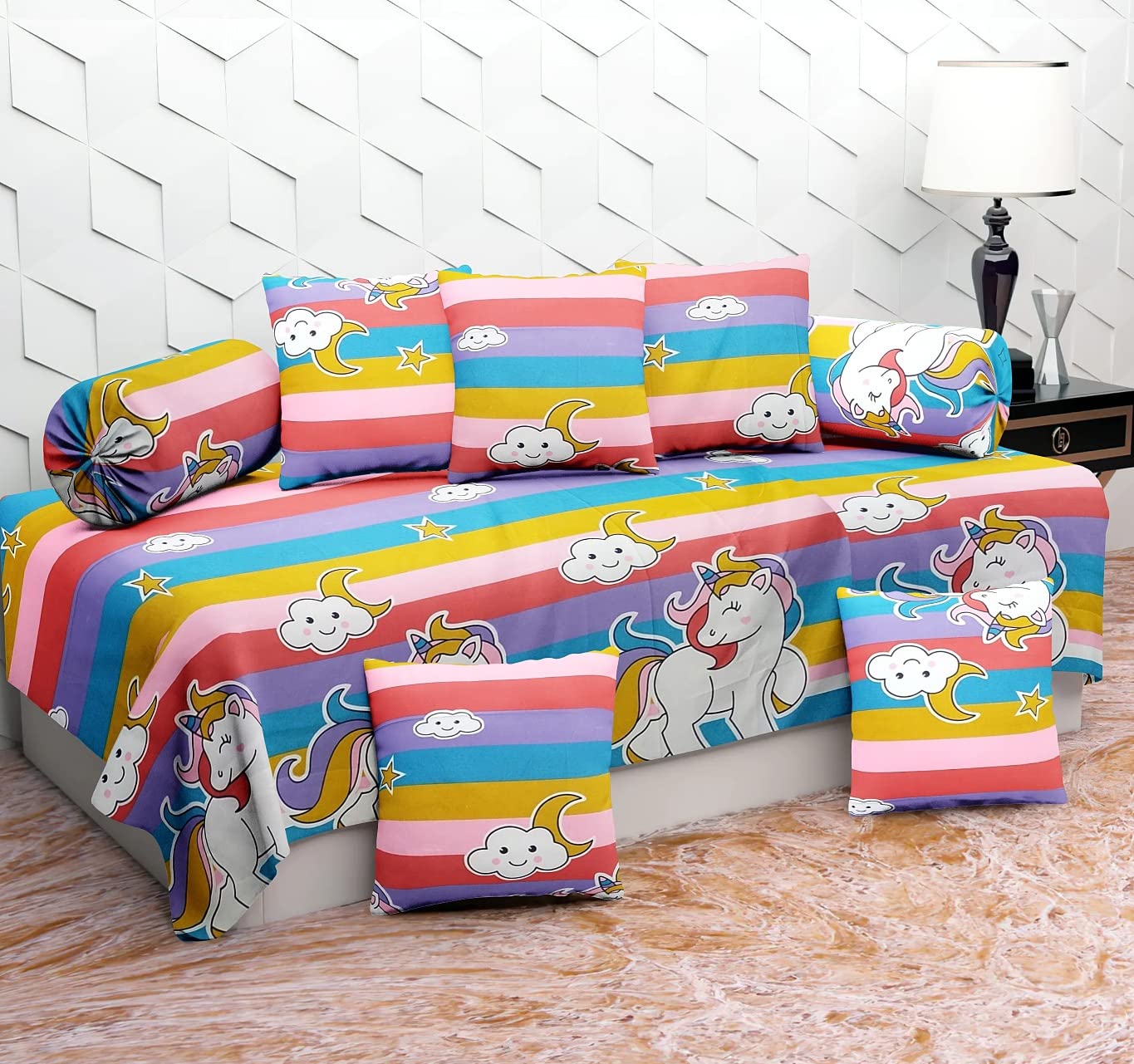 Jyotaksh 200TC Diwan Set Cotton 8 Piece | Deewan Printed Bedsheet Sets for Living Room Hall (Set of 8 Piece, 1-Bed Sheet 60x90 Inch | 2-Bolster Cover 16x32 Inch | 5-Cushion Cover 16x16 Inch)(AM-01)