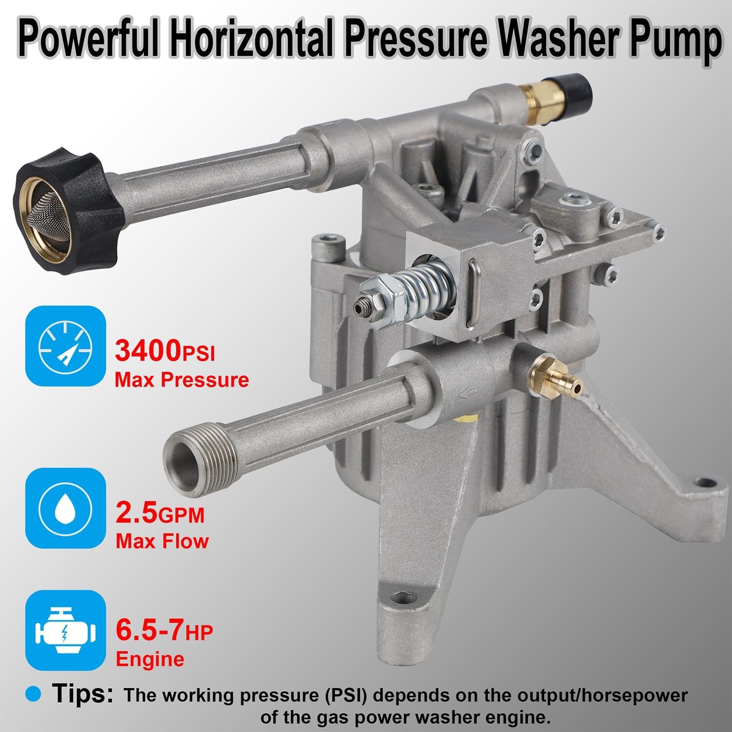 Biswing Pressure Washer Pump, 7/8" Shaft Vertical Plunger, 3400 PSI Max, 2.5 GPM, Replacement Pump for Gas Power Washer, Front Inlet/Outlet