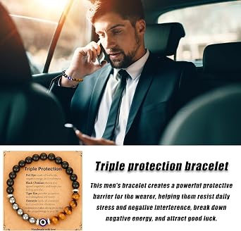 Ethlomoer Evil Eye Bracelets for Men, Triple Protection Bracelet with Obsidian & Tiger Eye Beads, Men's Beaded Healing Jewelry with Evil Eye Beads for Spiritual Protection|Christmas' Gift for Him
