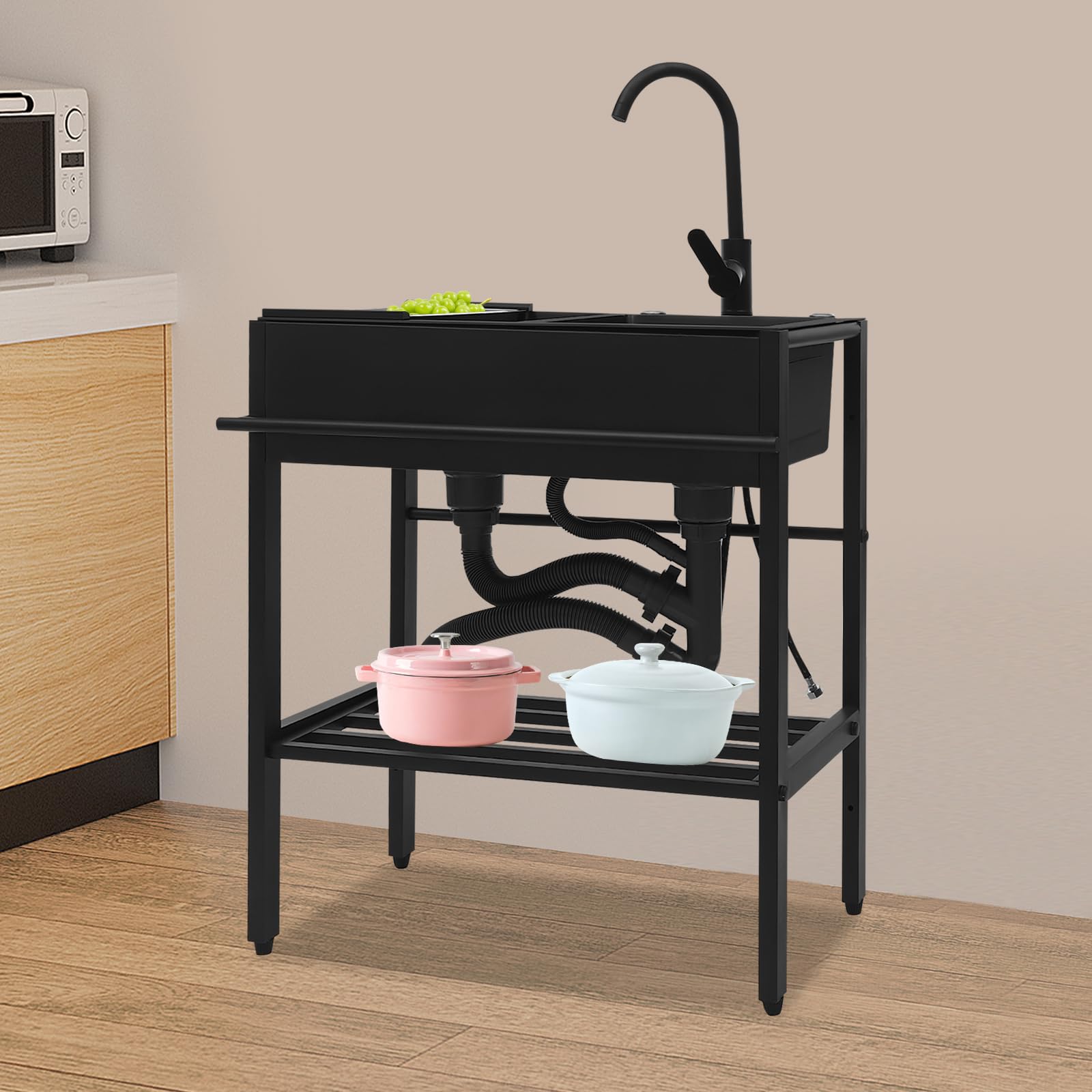 Lavello autoportante in acciaio inox, 2 vasche, 72 x 40 x 86 cm, nero