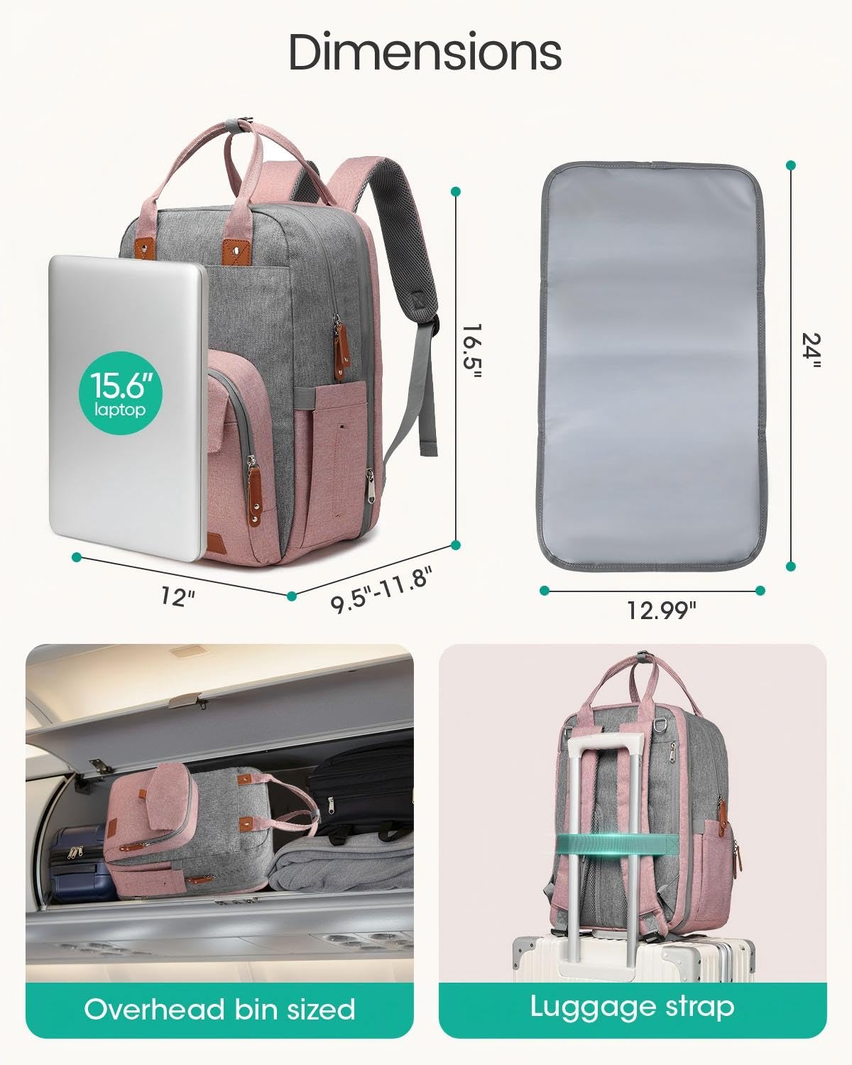 Extra Large Diaper Bag Backpack for Two Kids Twins - Expandable Baby Bag (26-36L), Dual Big Compartments - Includes Changing Pad & Stroller Straps, Unisex Pink Grey - Image 8