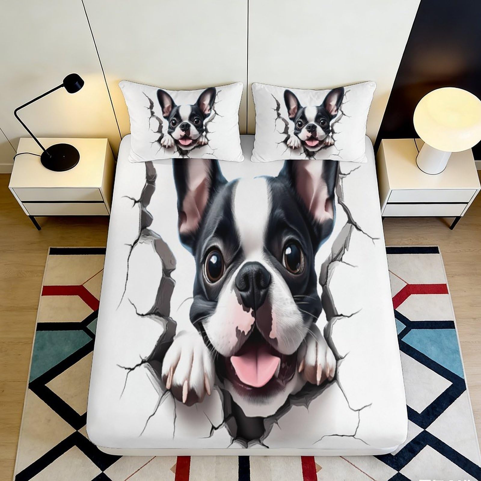 3D Printed French Bulldog Fitted Sheet Microfiber Soft White Dog Bed Sheet for Bedroom Dorm Guest Room Mattress Decor 90x200x25cm