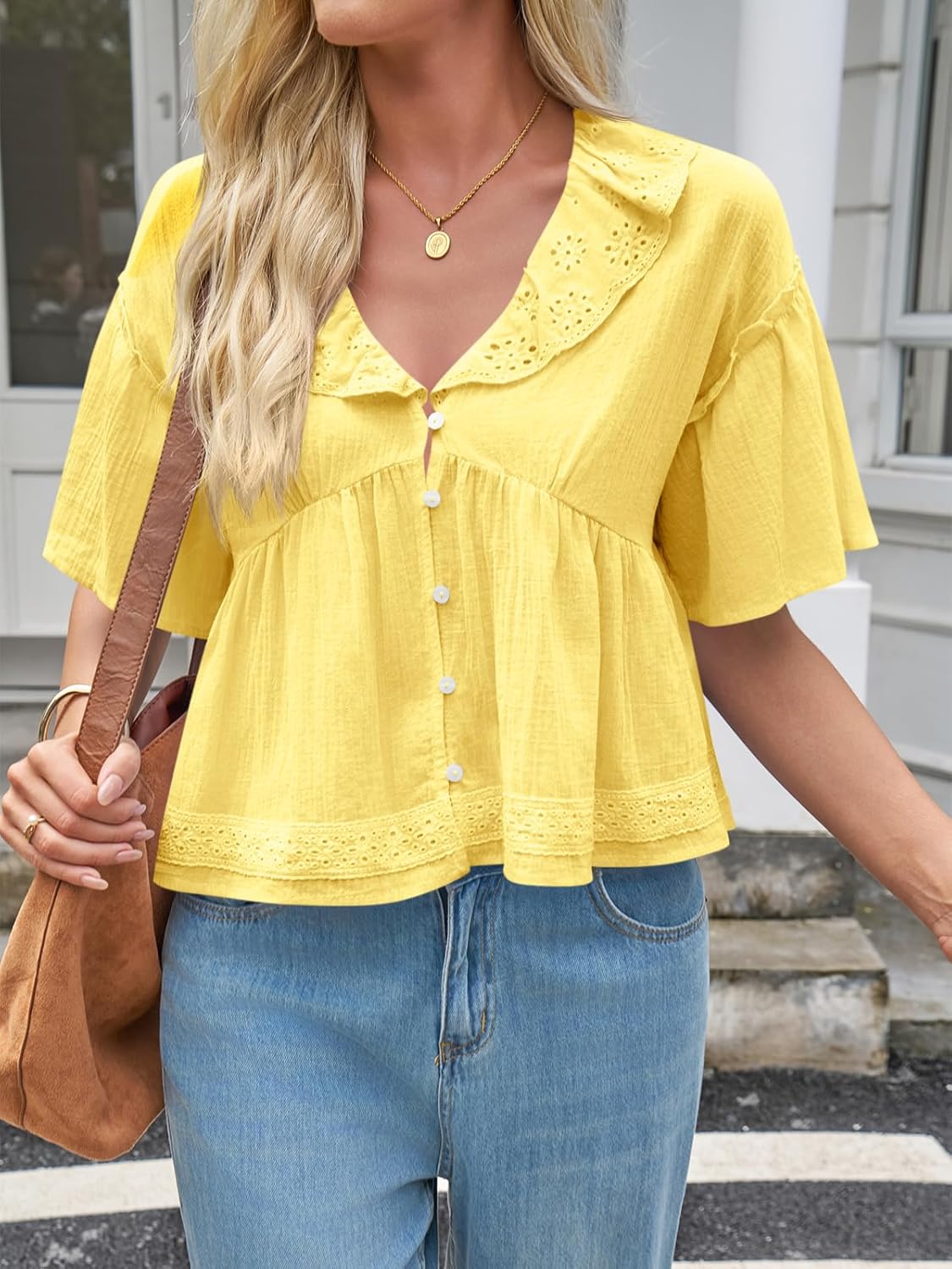 Cicy Bell Womens Cropped Babydoll Tops Summer Eyelet V Neck Short Sleeve Cute Blouses Ruffle Shirts - Image 2