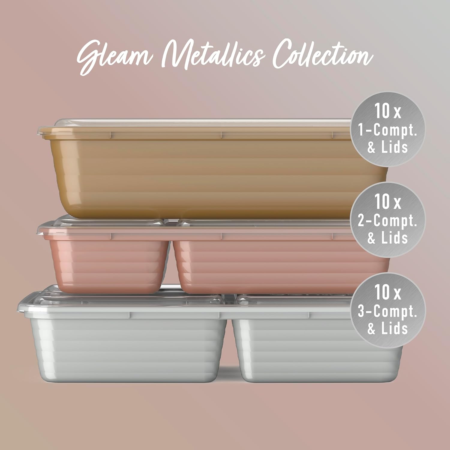 Bentgo Prep 60-Piece Meal Prep Kit - Reusable PFAS & BPA-Free Food Containers, 1-Compartment, 2-Compartment, & 3-Compartments - Microwave, Freezer, & Dishwasher Safe (Gleam Metallics)