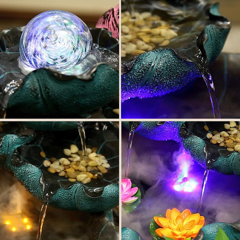 Fontanna stołowa do użytku wewnętrznego z diodą LED i atomizerem, | 2-poziomowa fontanna z wodospadem Lotus, relaksujący dźwięk wody Zen, dekoracje Feng Shui do domowego biura