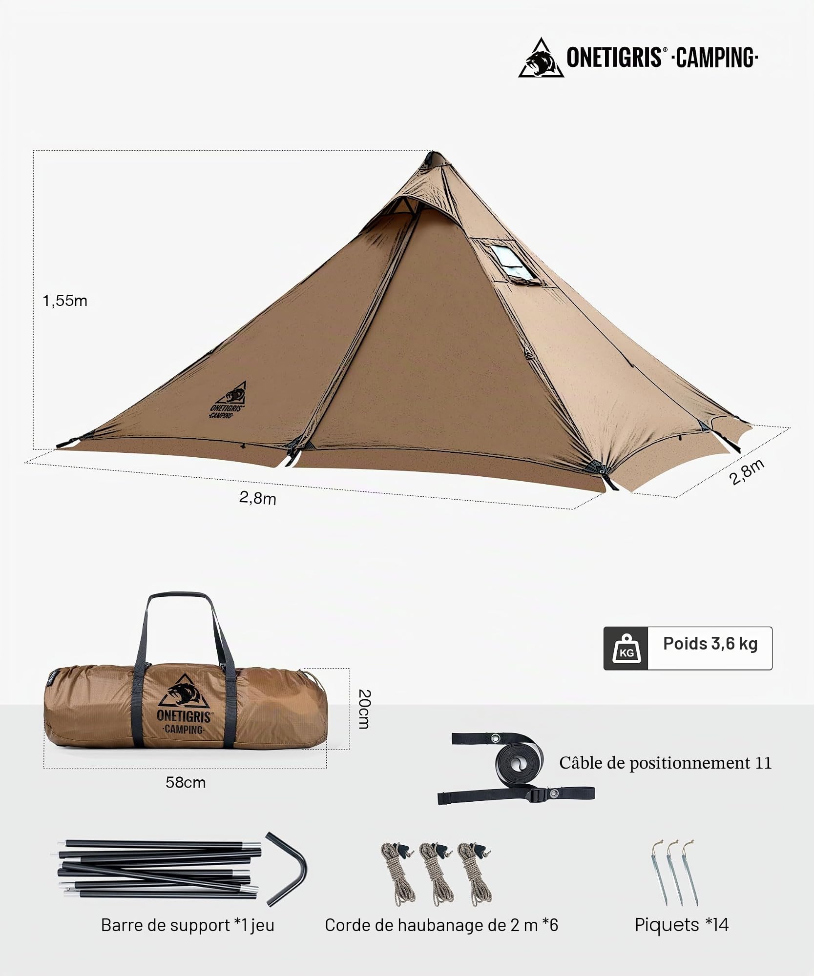 OneTigris APEX Trail Tente 1 personne 4 saisons, structure en A, tente tipi d'extérieur étanche 3000 mm, tente chaude avec trou de cheminée et jupe pare-neige pour camping, randonnée, extérieur