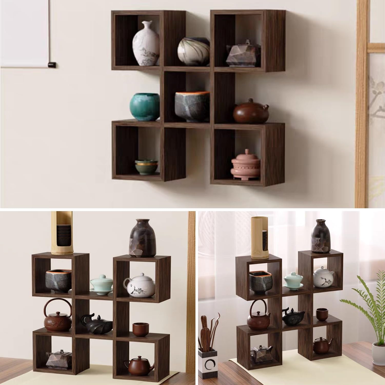 Pequeño Expositor de Tazas de Café Estante De Madera Maciza para Tazas de Té Soporte para Colgar en la Pared o de Sobremesa para Salón, Cocina, Oficina(43.8x43.8x12cm)