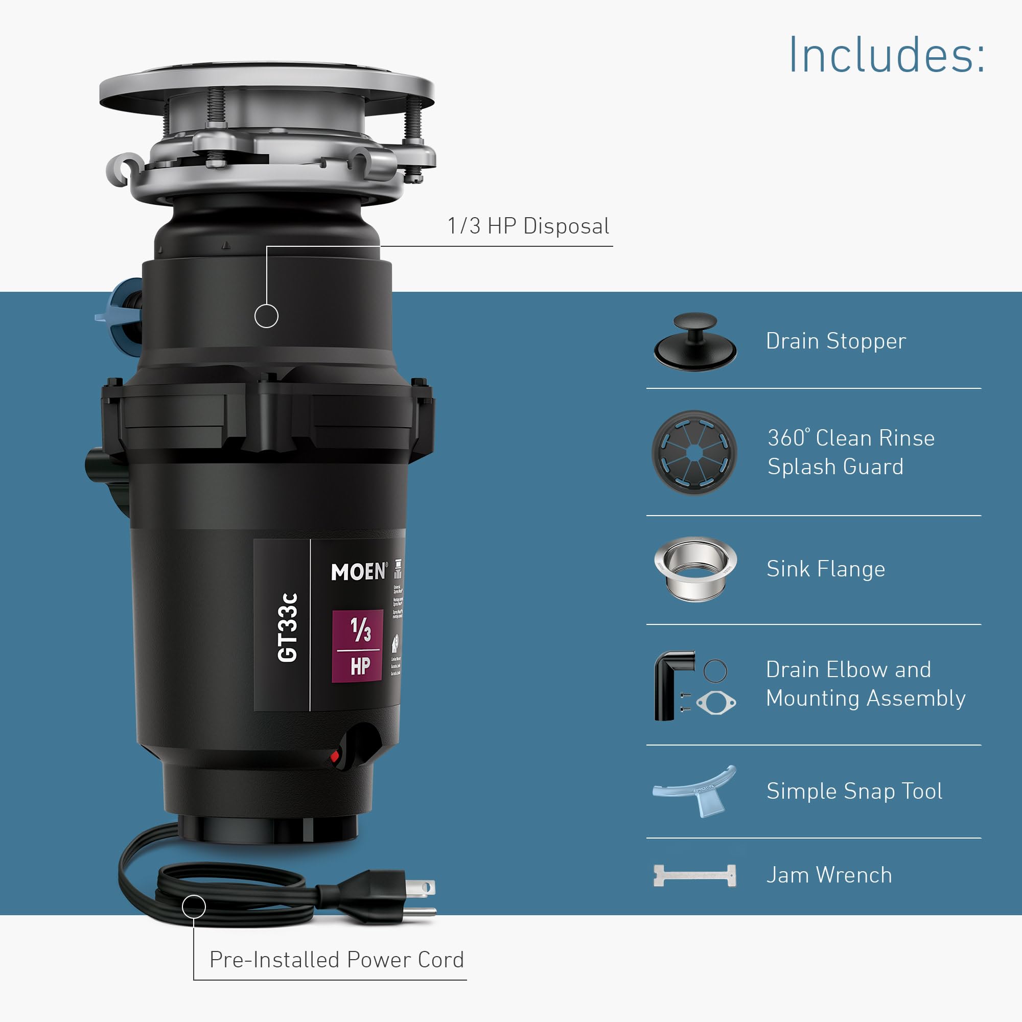 Moen GT33C Lite Series - Triturador de basura de alimentación continua de 1/3 caballos de fuerza con tecnología Fast Track, cable de alimentación incluido