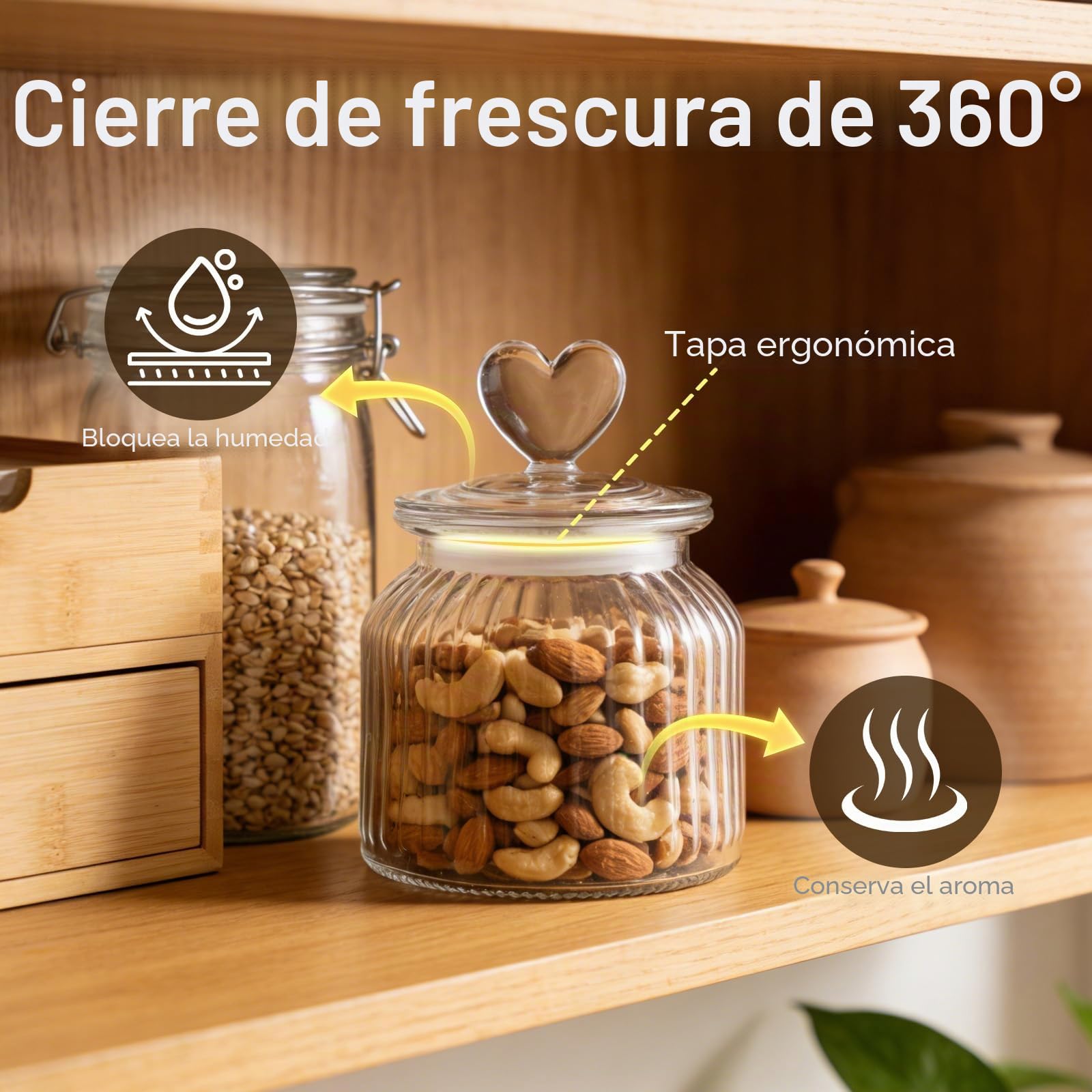 Hejo Tarros de Cristal con Tapa en Forma de Corazón, 650 ml, 2 Piezas | Tarro de Vidrio, Tarro de Cristal Elegante, Tienda de Vidrio para Guardar Caramelos, Dulces, Frutos Secos y Aperitivos