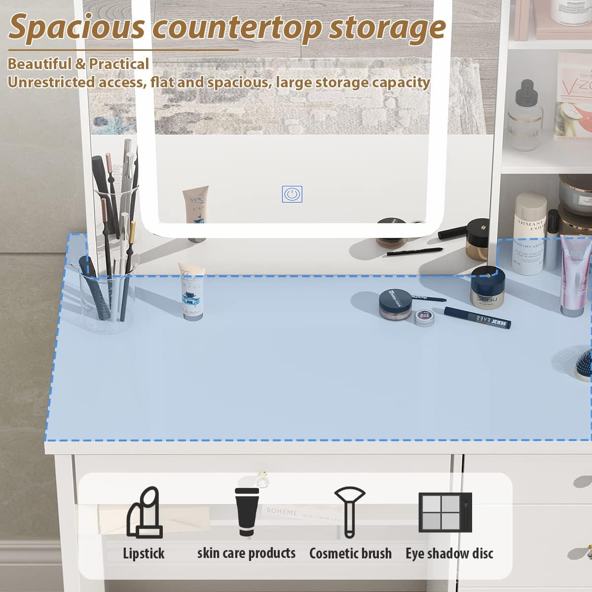 Large Vanity Table Set Makeup Vanity Dressing Table with Mirror, 5 Drawers & Shelves, Dresser Desk and Cushioned Stool Set (White Lighted Mirror)