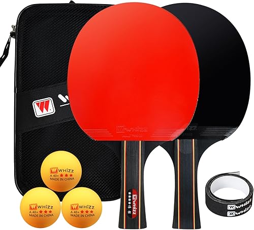 Whizz - Juego de palas de ping pong, 2 raquetas de tenis de mesa y 3 pelotas de entrenamiento A40+ para principiantes, juego en interiores y