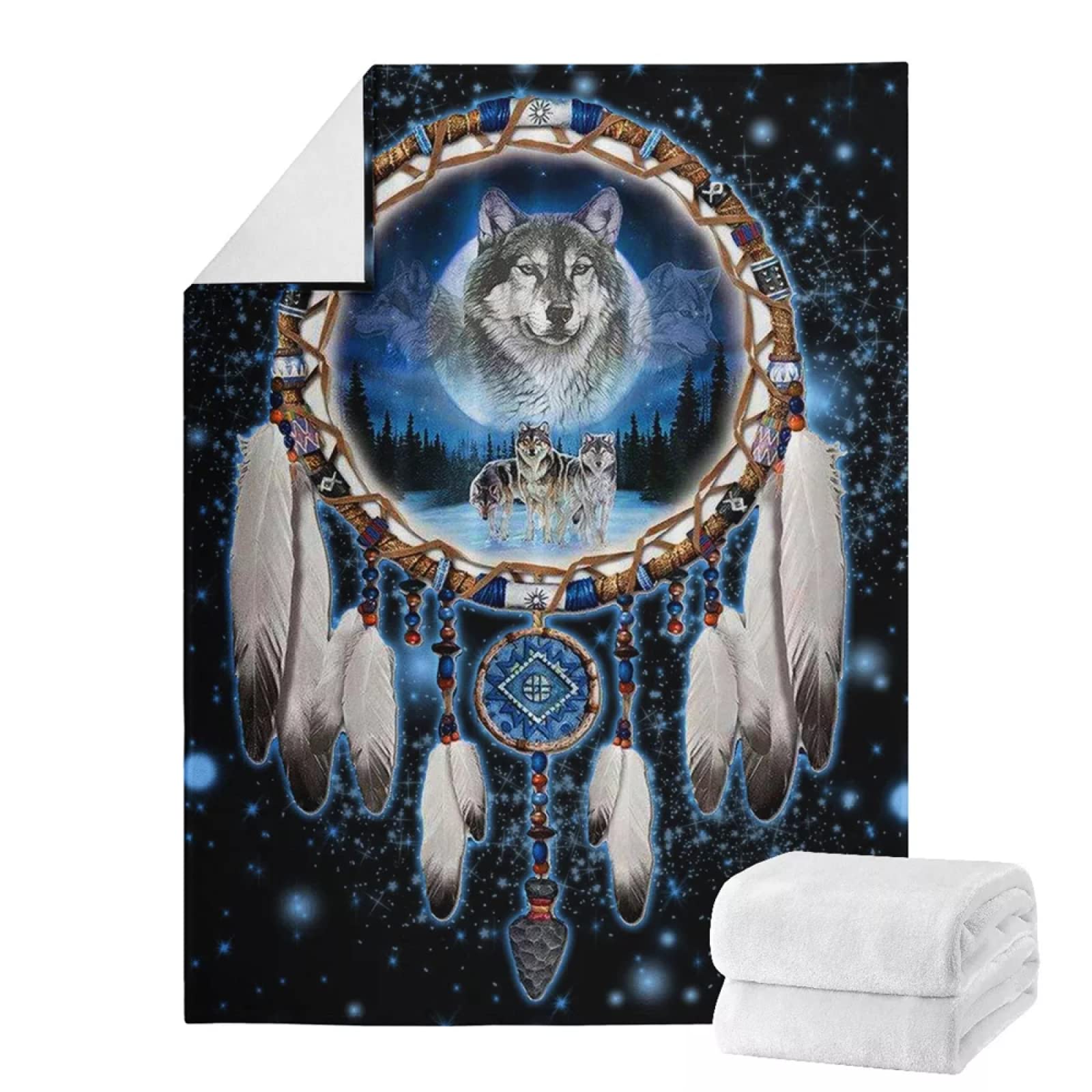 Plaid Polaire 240x260 Adulte Loup Attrape RêVe Bleu, Douce Flanelle Couverture lit 2 Personnes en Microfibre, Plaid Canape Grande Taille Jeté de Canapé, Réversible Peluche Couverture