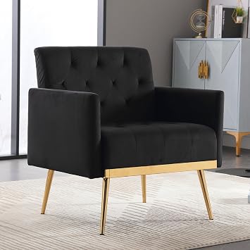 Velvet Accent Chair, Mid Century Modern Living Room Chair Upholstered Tufted Armchair with Gold Metal Legs Single Sofa Side Reading Chairs for Bedroom Club Office Black