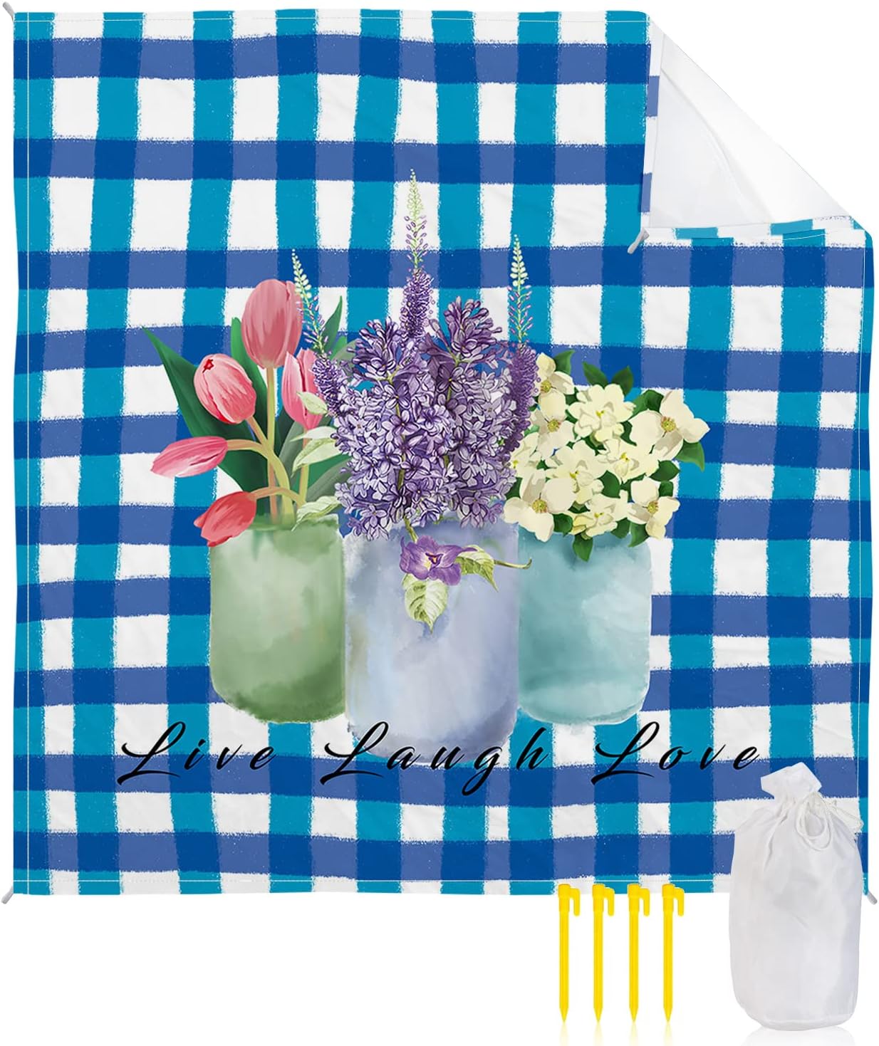 Watercolor Farm Blooming Flower in Vase Beach Blanket Waterproof Sandproof Outdoor Picnic Mat 108"x84" Abstract Buffalo Lattice Lightweight Large Beaach Blankets with 4 Stake & 4 Corner Pockets