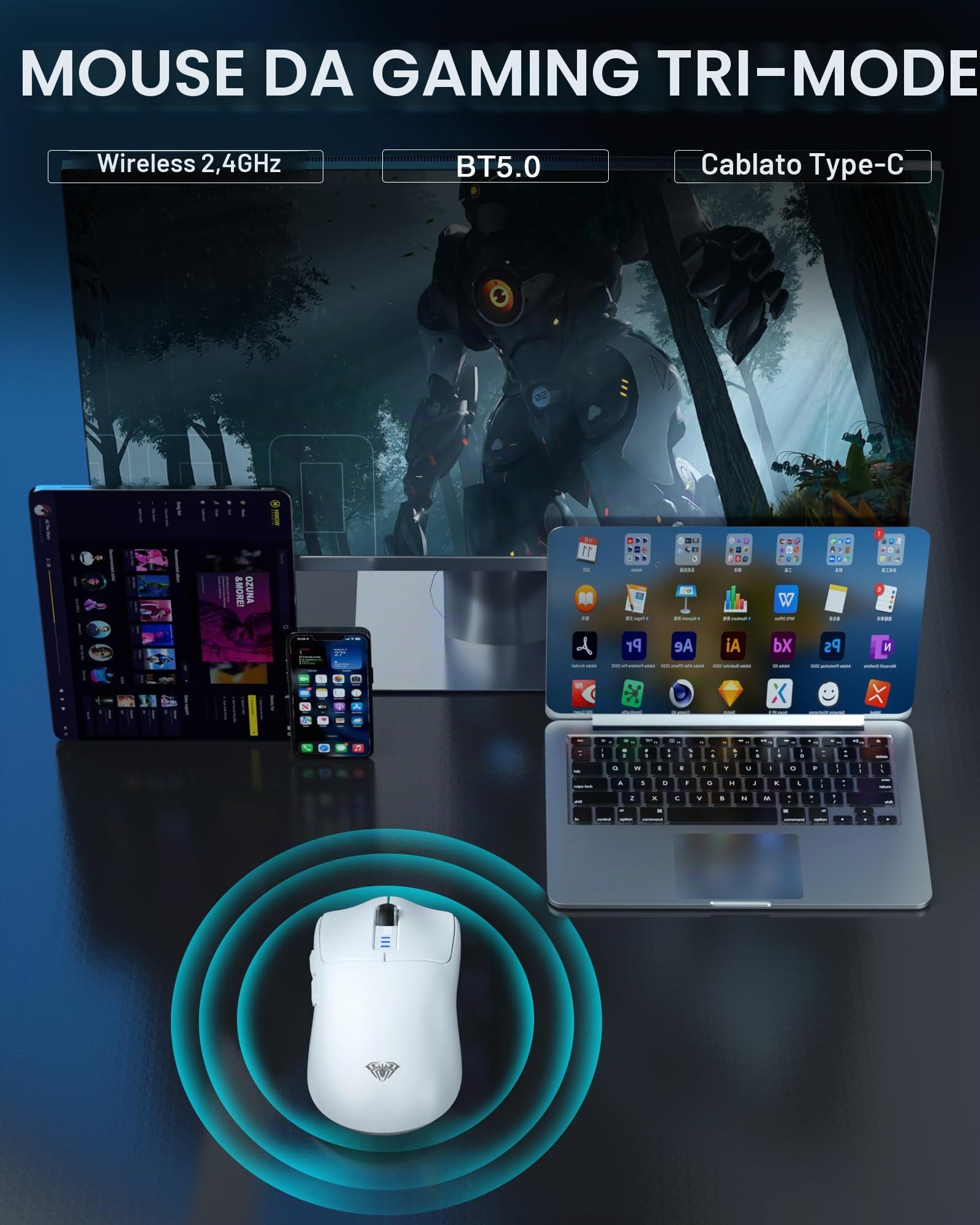 AULA SC580 - Mouse wireless da gioco, Tri-Mode 2,4 Ghz/USB-C/BT5.0, fino a 10000 DPI, 6 pulsanti programmabili, mouse da gioco leggero, ricaricabile per laptop, PC, Mac, tablet