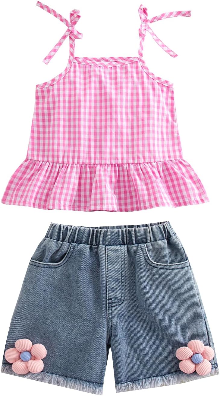 VISGOGO Toddler Baby Girl Summer Denim Outfits Flower/Fruit Jeans Shorts Sleeveless Plaid Tops Kids Girl Linen Clothes Set