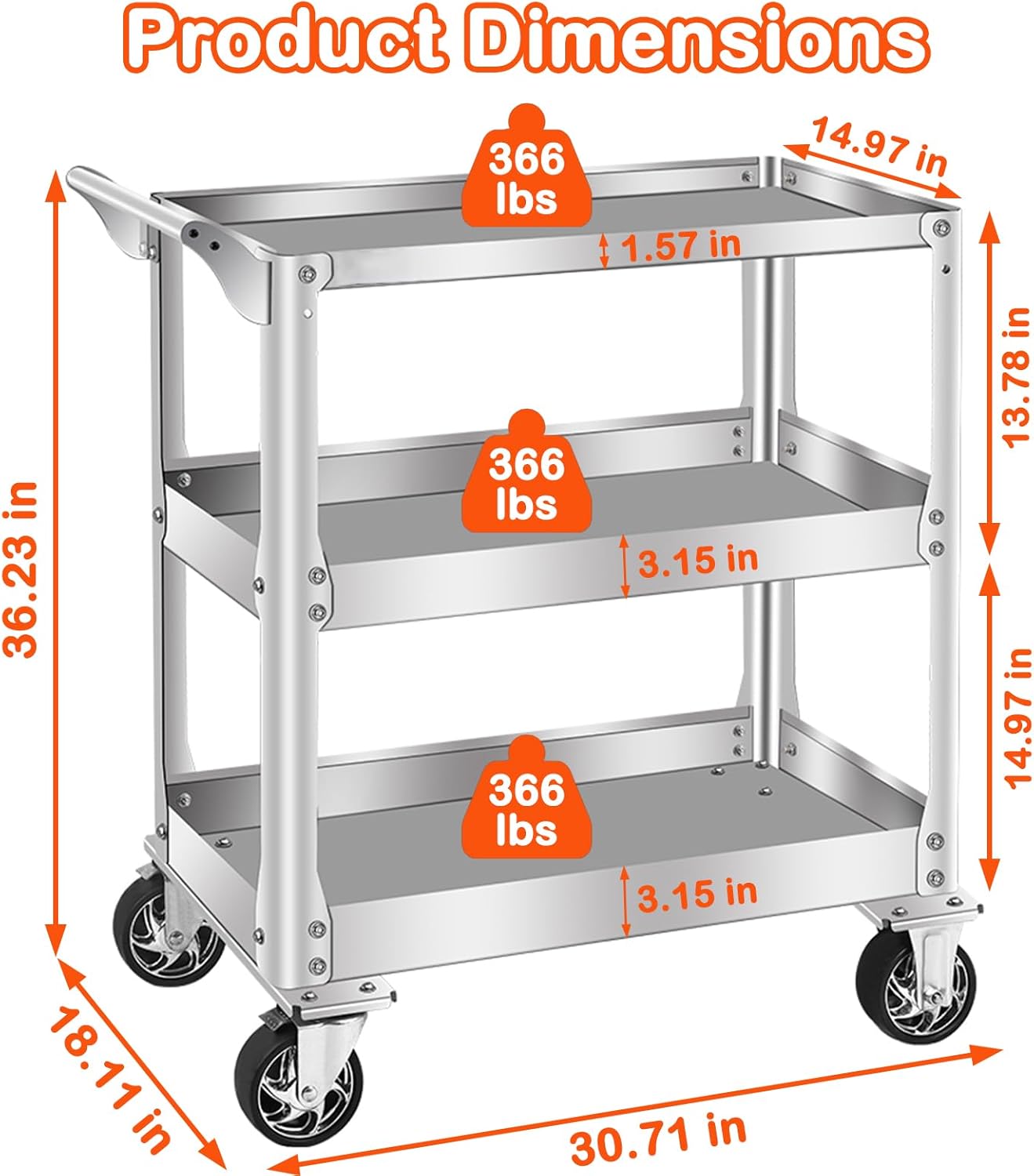 DDJ Stainless Steel Utility Cart on Wheels, 3-Tier 1100 lbs Heavy Duty Tool Cart with Wheels, Commercial Rolling Service Cart for Garage Workshop Warehouse Mechanic Kitchen 18.1" D x 30.7" W x 36.2" H