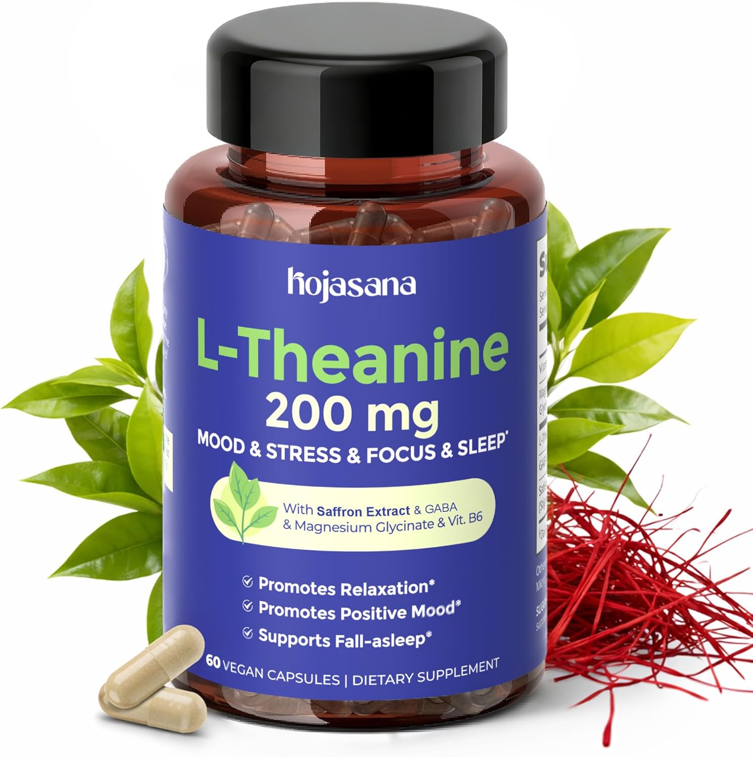 L Theanine 200mg with Saffron, GABA, Magnesium Glycinate & Vitamin B6, L-Theanine Supplement Advanced Complex Formula for Mood Relaxation & Stress Relief & Sleep Support, 60 Vegan Capsules