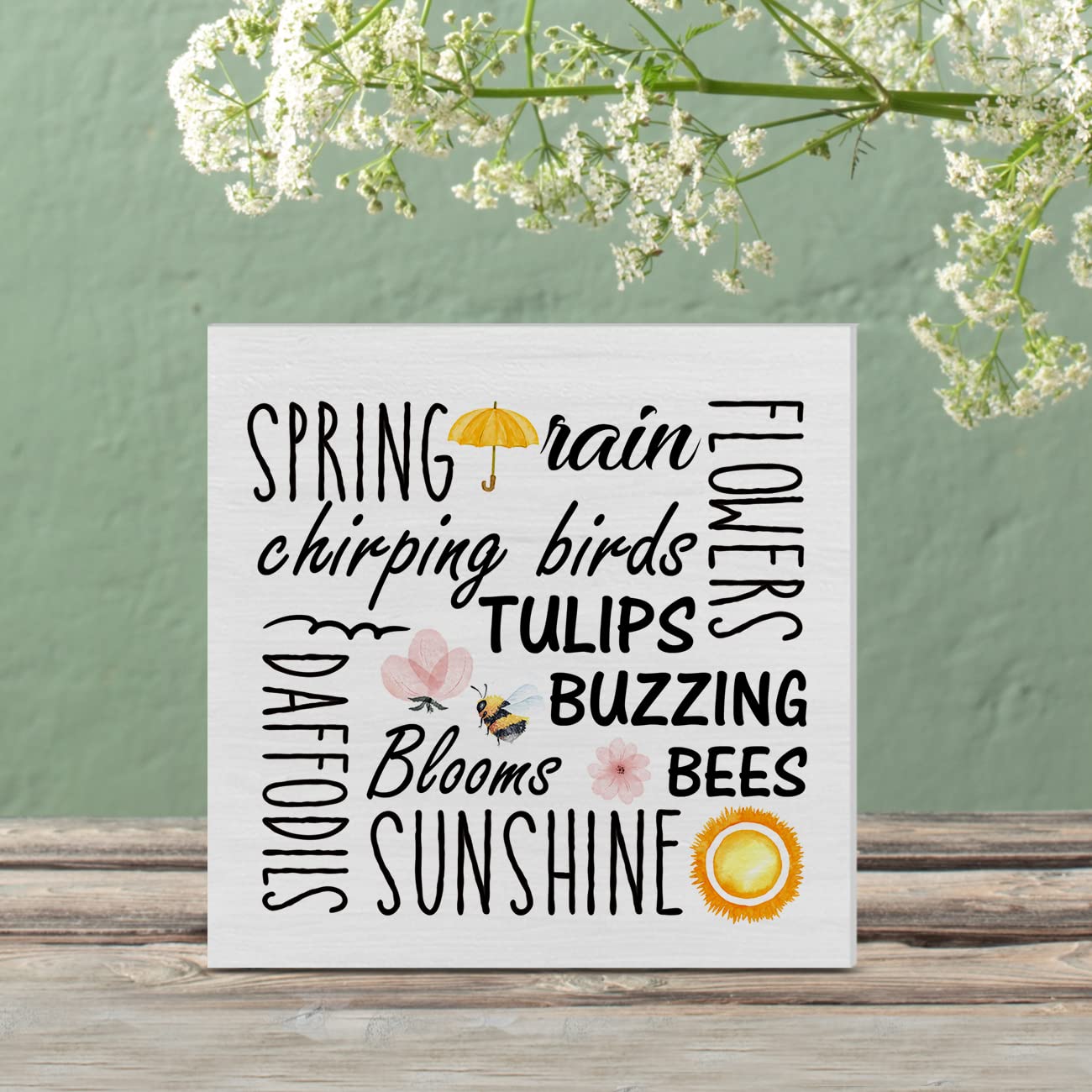 5x5 Inch Spring Quote Wooden Box Sign - Rustic Farmhouse Desk Block For Shelf, Tabletop & Home Decor