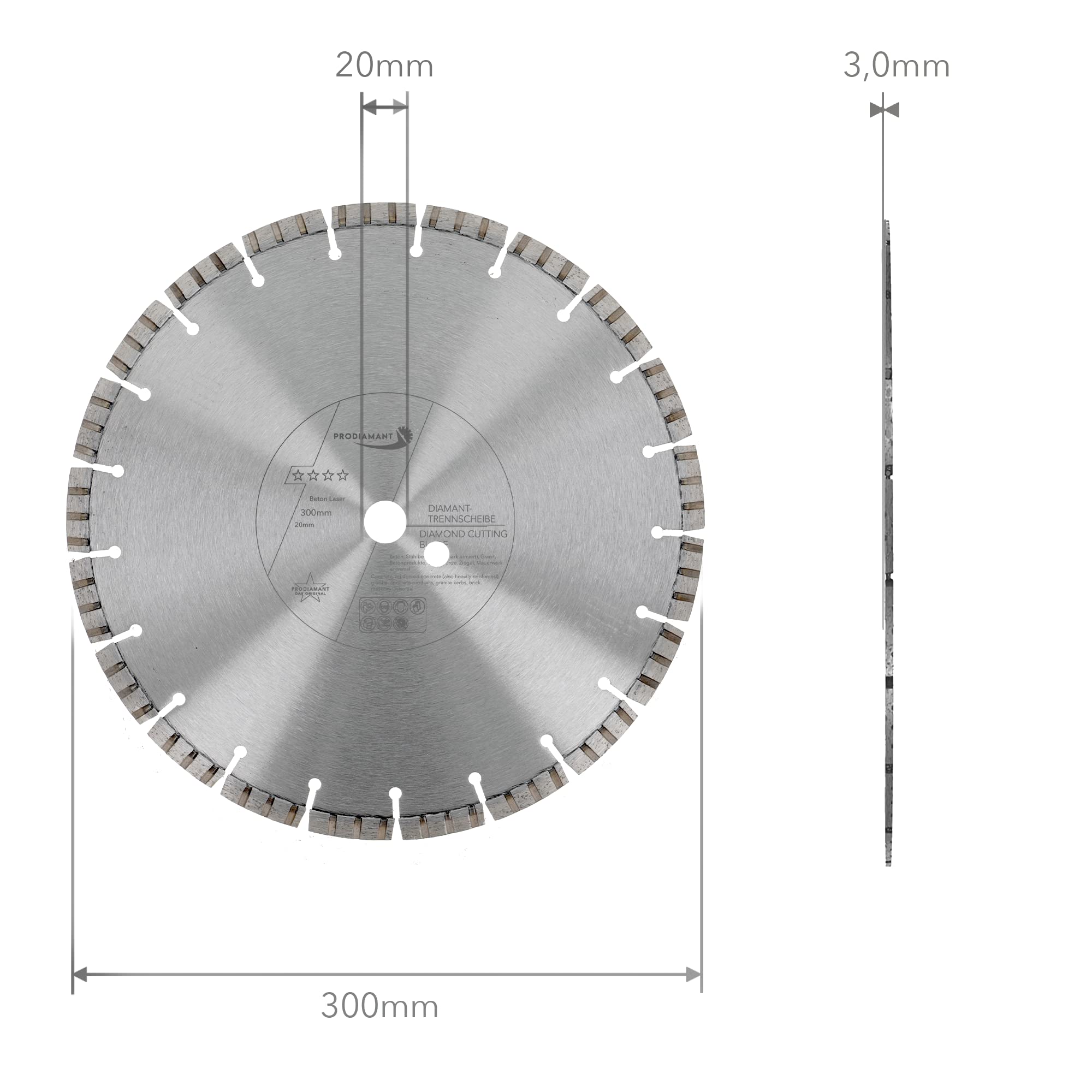 PRODIAMANT Diamentowa tarcza tnąca 300 mm x 20 do betonu żelbetowego, kamień i cegła, diamentowe segmenty turbo, spawane laserowo