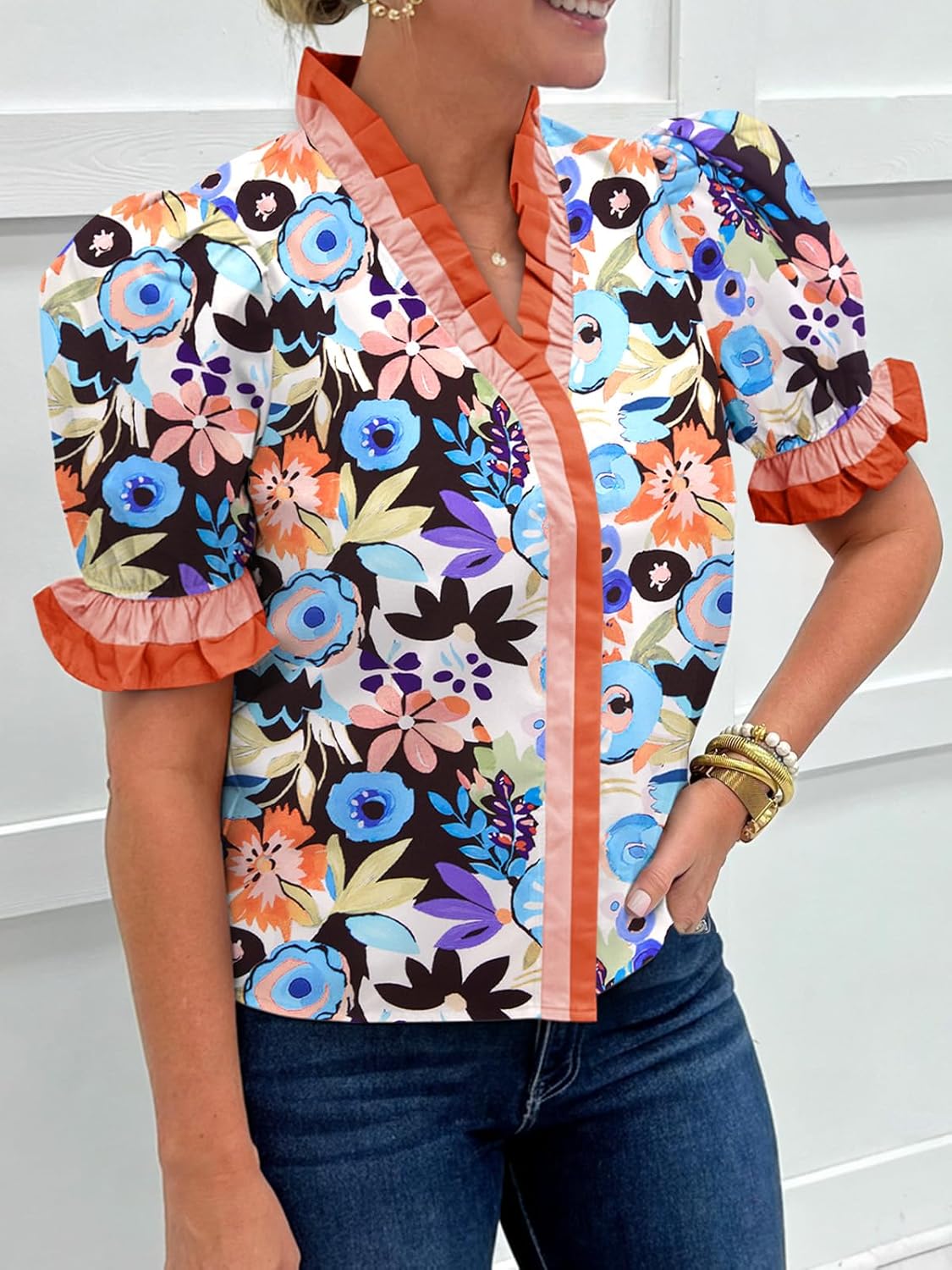 Cicy Bell Womens Summer Floral Print Tops Casual Puff Short Sleeve Ruffle V Neck Button Down Shirts Patchwork Boho Blouses - Image 3