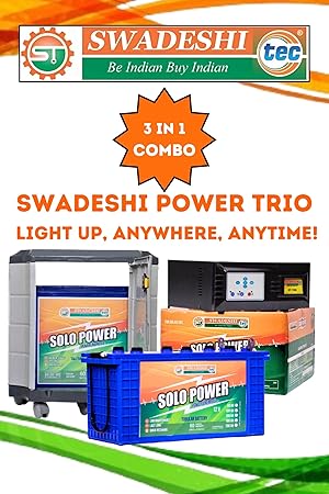 Solar Power Combo| Inverter and Battery Combo with Trolley (1100VA/12 Volt Inverter with Tall Tubular 100Ah Battery and Trolley) for Home, Office & Shops