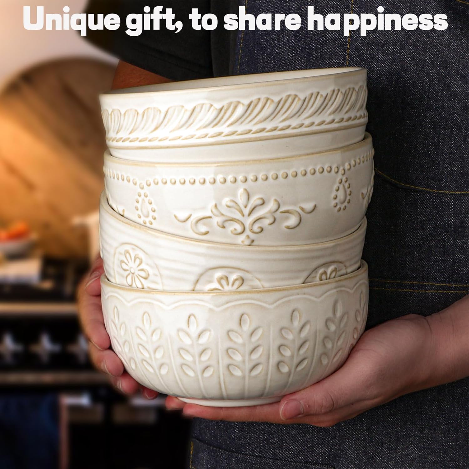 Artena Soup Bowls 32 OZ, Cereal Bowls Set of 4, Embossment Ceramic Ramen Bowl, 6.3 Inch White Salad Bowls, Large Dinner Bowl for Pho, Noodle, Pasta, Snack, Dishwasher Microwave Safe, Multiple Patterns