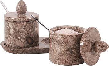 Marble Salt Cellar with Lid and Tray 4" Inch Oceanic Stone Salt Dish for Kitchen Countertop Storage, Ideal Salt Holder for Counter & Stone Salt Container, Salt Dish, Salt Box & Spice Jar