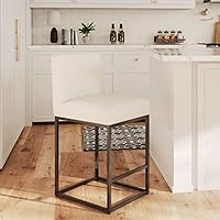 Vista 1 de HNY Taburete de bar moderno de altura de mostrador, taburete de bar tapizado de tela de lino con respaldos, taburetes de isla de cocina de 27 crema