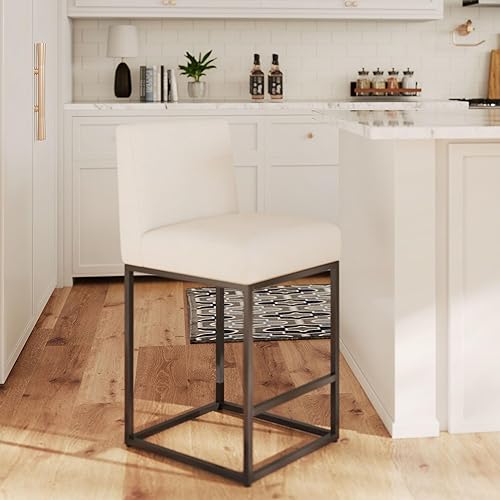 HNY Taburete de bar moderno de altura de mostrador, taburete de bar tapizado de tela de lino con respaldos, taburetes de isla de cocina de 27 crema