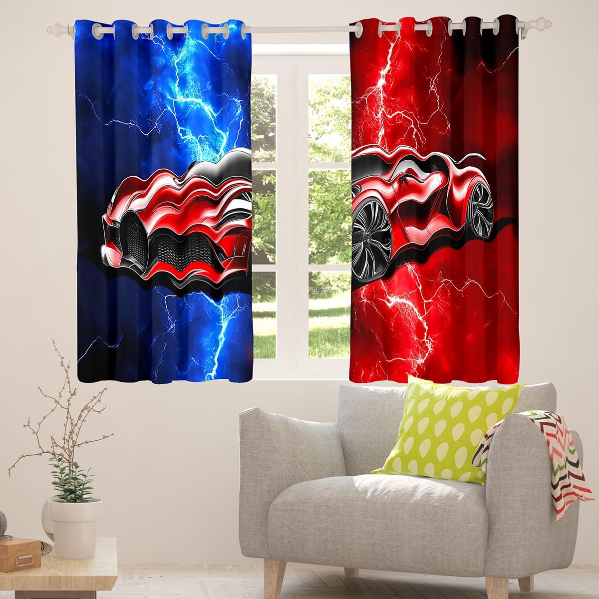 Homewish Rideau Occultant 30%-50% Voiture de Sport 117x137 cm, Rideau Enfant Garçon Voiture de Course, Rideau Voilage Éclairs, Voilage Fenetre Rouge et Bleu, pour Chambre/Salon Décoration de Fenêtre