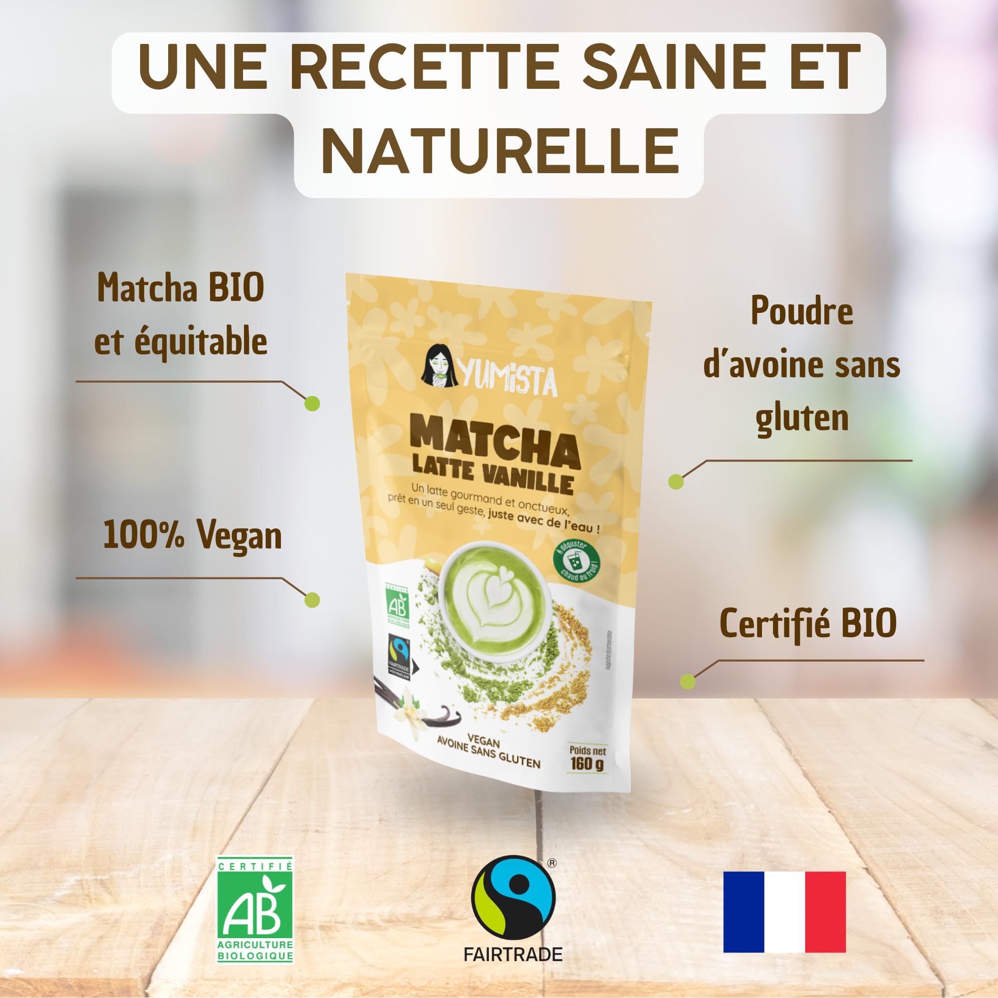 YUMISTA - Matcha Latte Vanille Instantané Bio - Format 2 kg Thé Matcha Poudre et Lait d'Avoine Sans Gluten - Thé Vert Matcha Premium en Sachet - Boisson Vegan Onctueuse Rapide Chaude ou Glacée