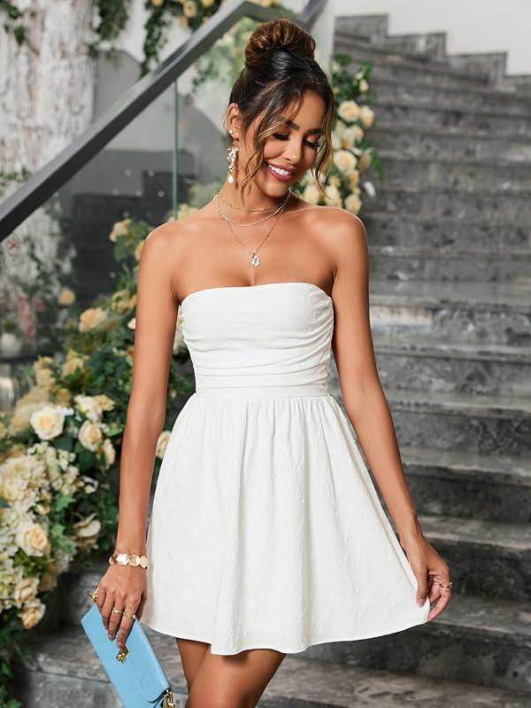 VKIHOC Summer Strapless Mini Dress Sleeveless Smocked Flowy A Line Beach Tube Top Dresses for Women 2026 White L by VKIHOC - Used condition - Image 3