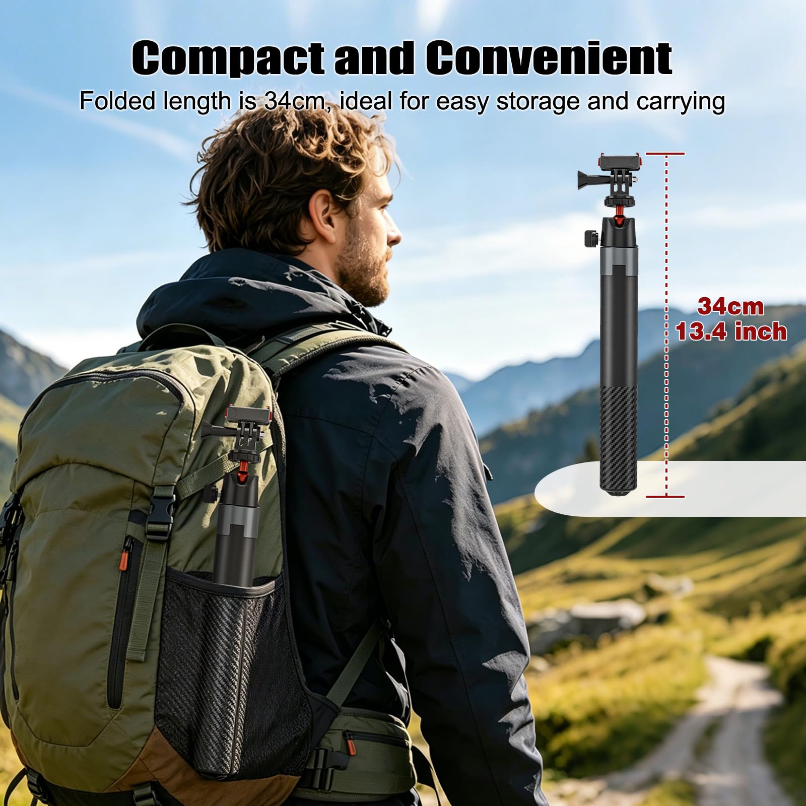 Bastone Selfie Treppiede 170cm per DJI Osmo Pocket 4 3 DJI Action 5 Pro/4 Insta 360 X5 X4 GoPro Hero 13/12/11/10 Black, Selfie Stick Treppiede da Viaggio/Supporto/Accessori 2-in-1 per Action Cam