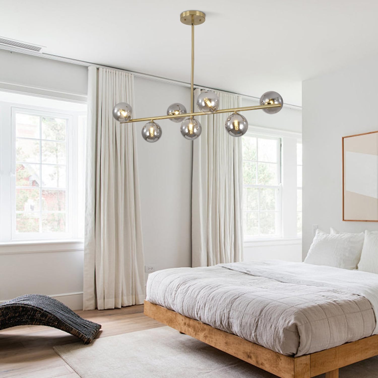 BOKT Mid Century Modern Chandelier for Island Kitchen Gold Linear Ceiling Pendant Light Fixtures 7-Lights Smoke Gray Glass Globe Sputnik Pendant Light for Living Room, Dining Room, Bedroom