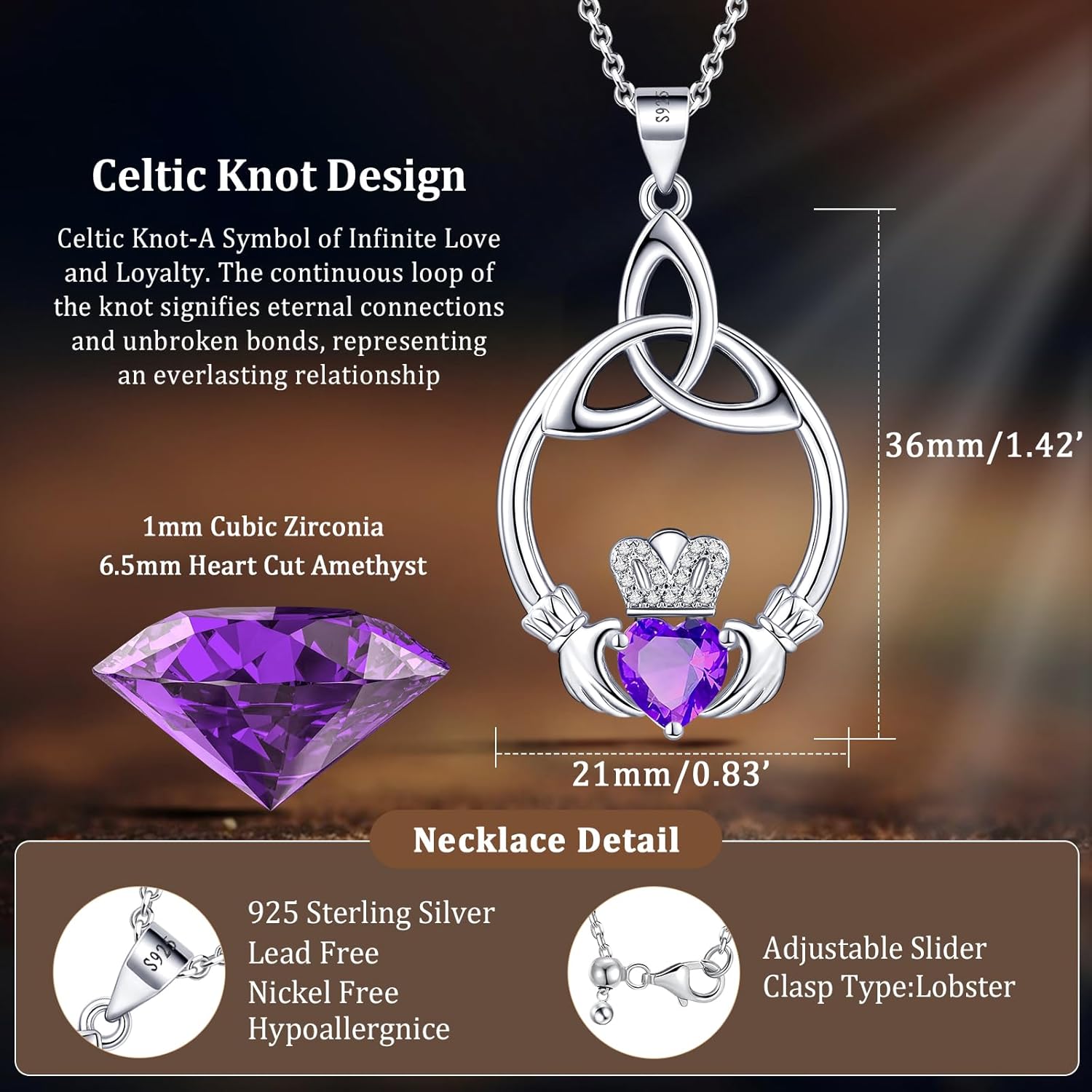 Gift Birthstone Necklaces for Women 925 Sterling Silver Irish Claddagh Necklace for Women Heart Birthstone Pendant Necklace Anniversary Birthday Gifts for Wife Lady Cable Chain 18"+2" - Image 5