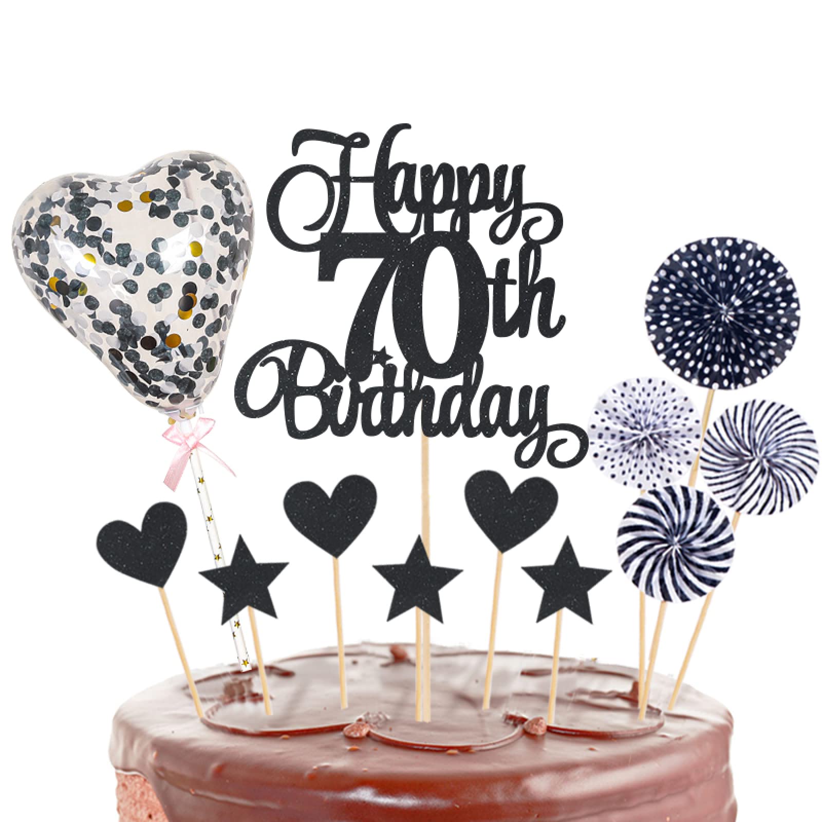 Happy 70th Birthday Cake Toppers, Black Glitter Heart Cupcake Toppers for Boy/Girl Birthday Party Anniversary Cake Decorations Supplies，70 Cake Topper, 70th Birthday Anniversary Party Decorations