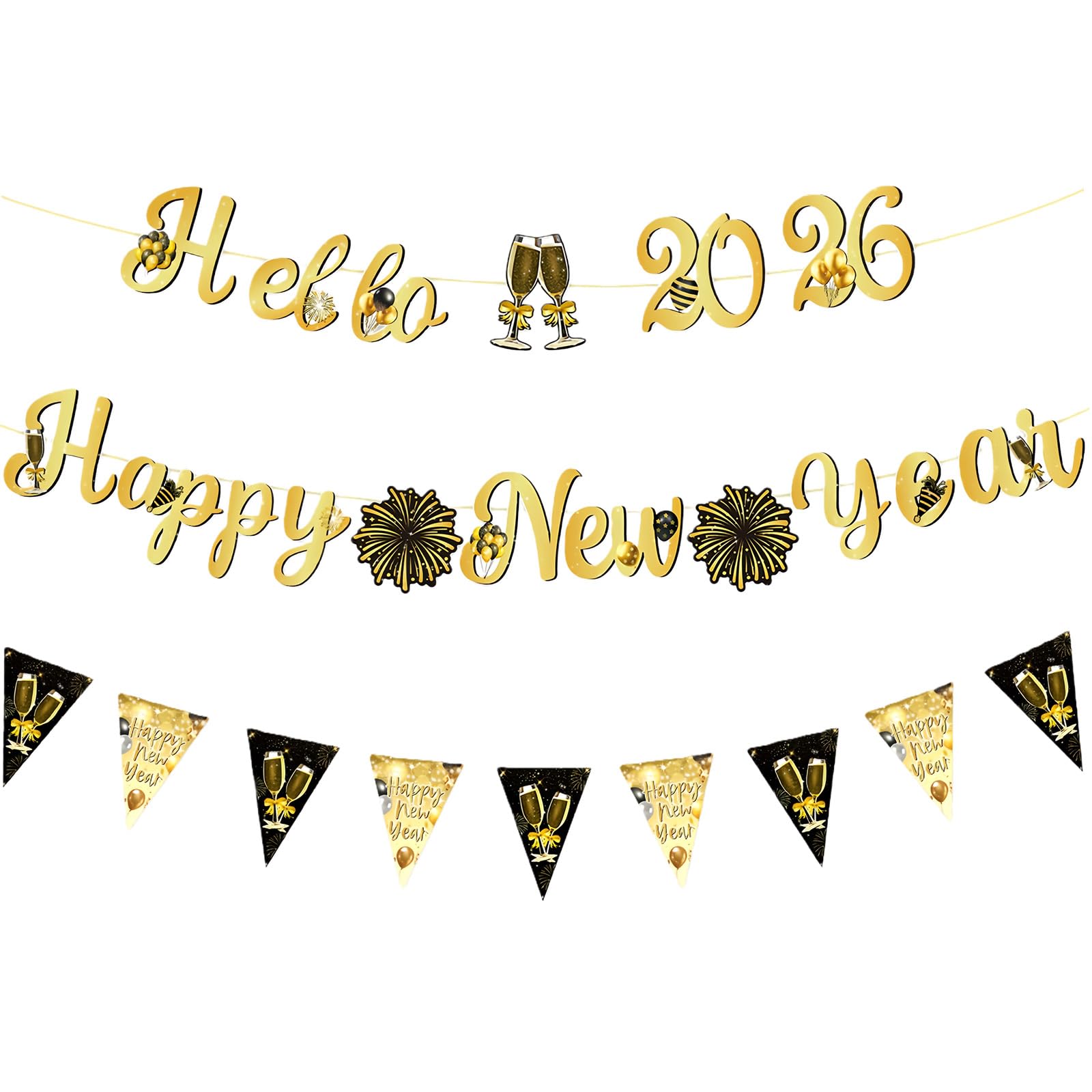 3 Pcs Happy New Year Party Decorations Happy New Year Pom Triangle Flag Banner Swirls Garland Hanging Bunting Black Banner With Gold Black Christmas Themed Supplies Decorations