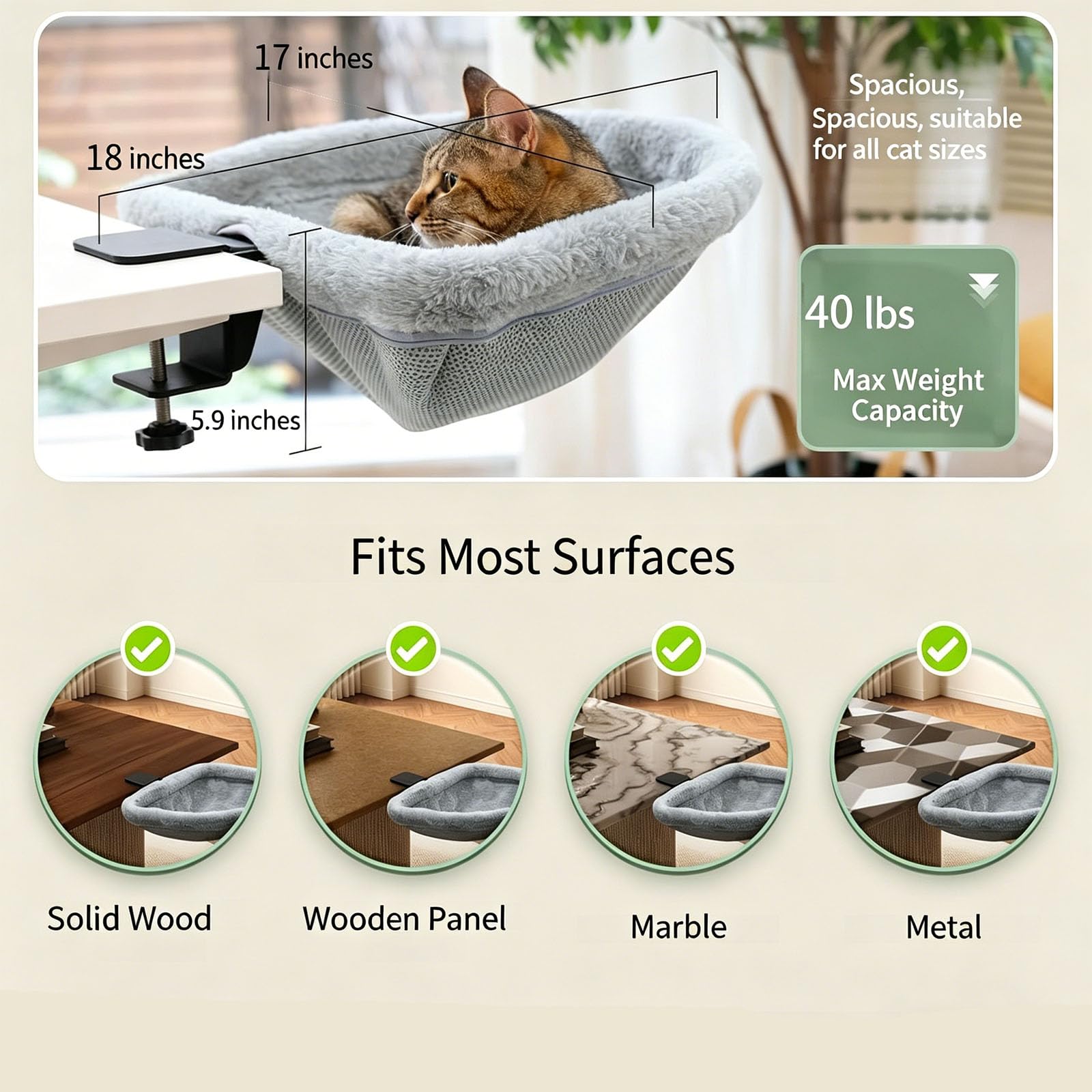 Persiana multifunzione per finestra del gatto, pieghevole, per scrivania, letto, tessuto morbido, fissaggio sicuro per animali domestici, per interni, libreria, posatoi per gatti