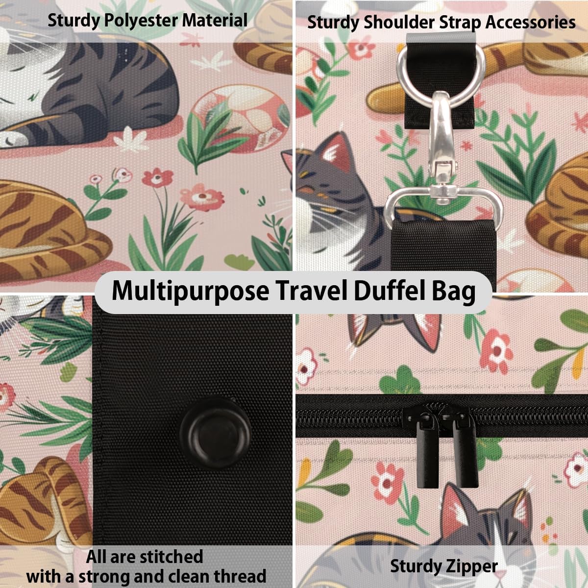 Cute Cat Flower Grass Ball Travel Duffel Bag for Women Men Large Capacity Overnight Weekender Bags for Lightweight Waterproof Sport Gym Bag for Workout Yoga Swim