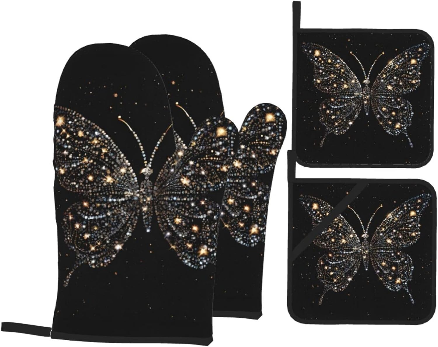 (Rhinestone Butterfly) Baking 4-Piece Set: 2 Oven Mitts and 2 Pot Holders Heat Resistant Waterproof Hanging Loop for Kitchen Oven Grill Housewarming Gifts