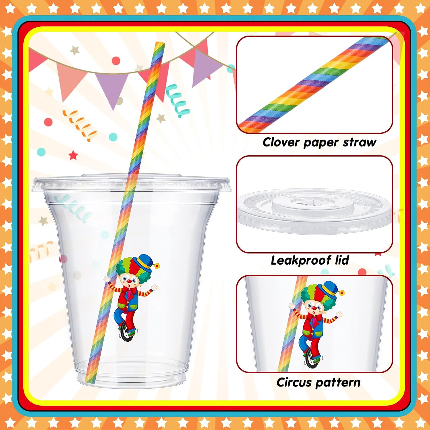 Condition photo showing New/Like New for foldtier 60 set circus carnival party plastic cups bulk 14 oz disposable clear cups with lids and paper straws for circus carnival theme party birthday supplies favor decorations multicolor 14 oz circus