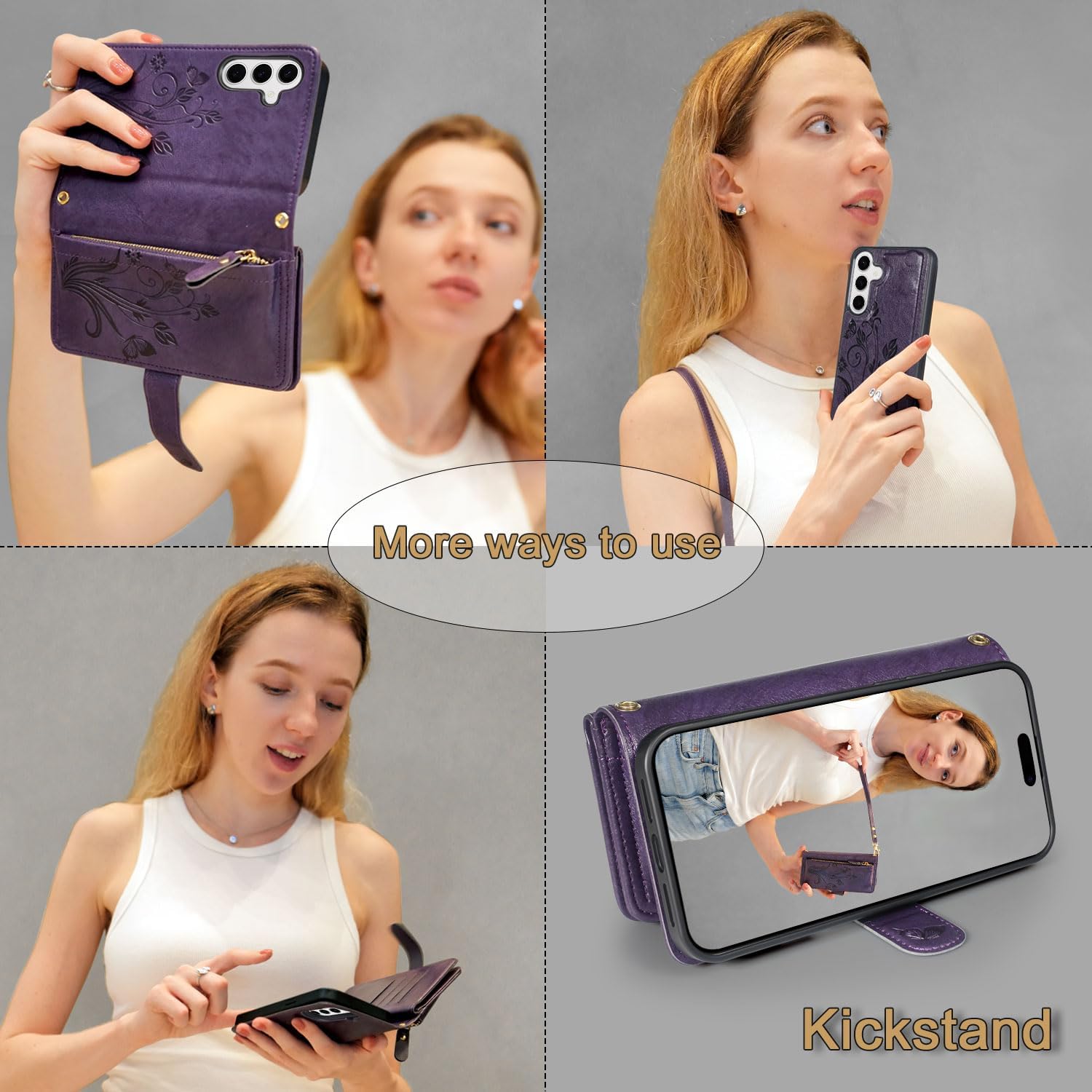 Lacass for Samsung Galaxy S25 6.2 inch Detachable Crossbody Wallet Case, Compatible with Wireless Charging, [Cards Theft Scan Protection], Magnetic Case Stand PU Leather Zipper(Floral Dark Purple)