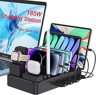 185W USB Charging Station for Multiple Devices, 9 in 1 Laptop Charger PD 3.0 USB Charger Station with 65W Charger Port, Compatible for Smartphone, Tablet, iPad and Other Electronics