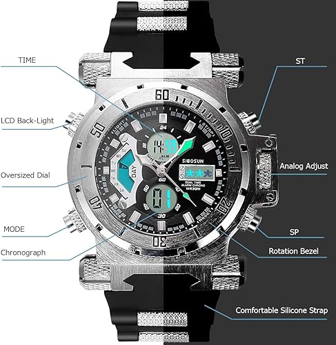 Miniatura 4 de SIBOSUN Relojes deportivos para hombre, reloj militar multifuncional, cronómetro, resistente al agua, gran cara, LED, reloj de pulsera digital